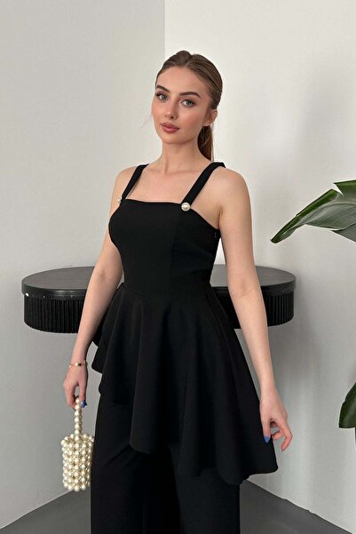 Elbee Fashion Woman Μαύρο Σετ Μπλούζας και Παντελονιού με Βολάν