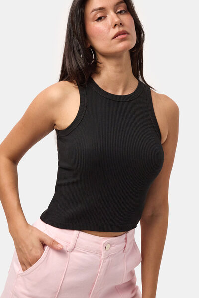 it's basic Γυναικείο μαύρο s6-1 ελαστικό υφασμάτινο crop top με μηδενικά μανίκια
