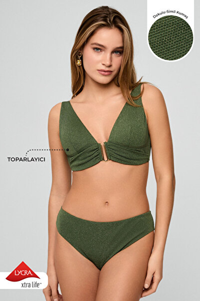Kom Stavs Shiny Textured Fabric Triangle Bikini Set