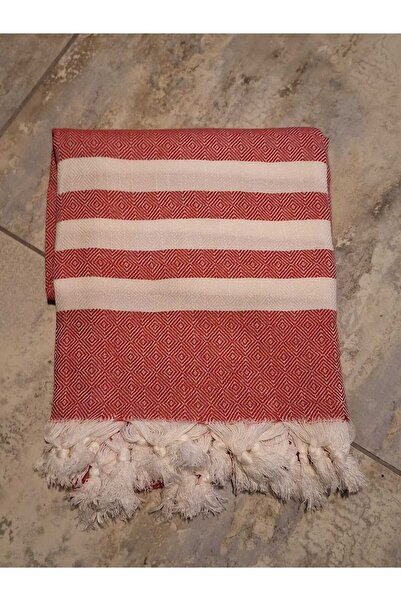 TooHot Red Cotton Stripe Detailed Tasseled Peshtemal Bath and Beach Towel