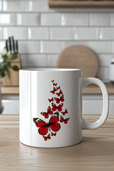 Mio Life Red Patterned 330ml Printed White Ceramic Mug