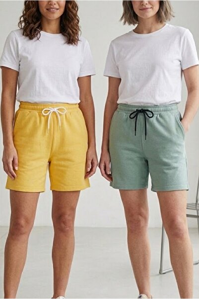 aytok tekstil Cotton 2 Pcs Unisex Women's Men's Shorts Set Plain Color Withou...