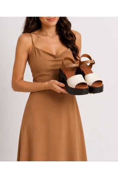 AYAKKABİSEPETİ Genuine Leather Thick-Heeled High-Sole New Season Women's Sandals