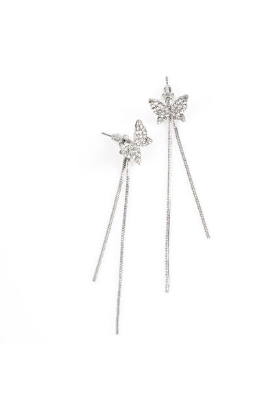 meli melo Long silver butterfly earrings with rhinestones and chains