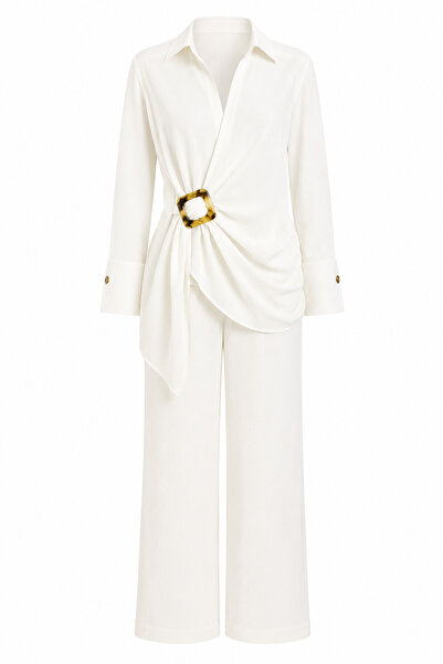 HAZELANNA Buckle Design Shirt-Pants Linen Ecru Suit