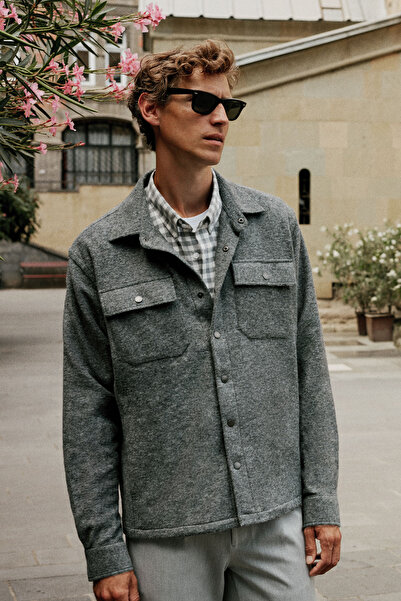ALTINYILDIZ CLASSICS Men's Gray Wool Comfort Fit Classic Collar Shirt Jacket