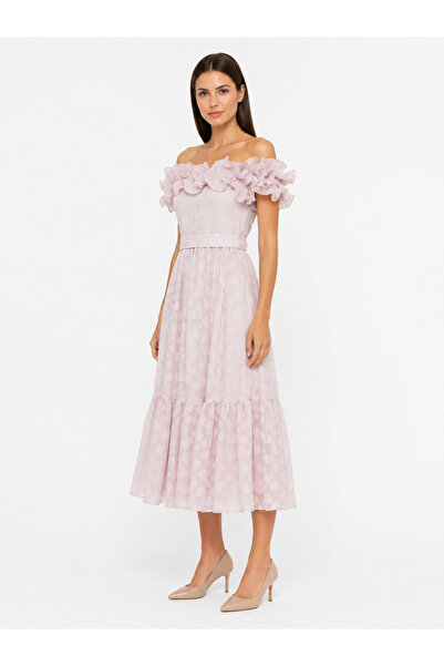 Shamouk Women's Off Shoulder Midi Dress Light Pink Ruffled Embossed Floral Dress