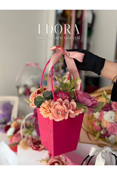 Edora Design Renkli Çiçek Aranjmanlı Pembe Şirin Çanta Tasarımı | Hediyelik Ç...