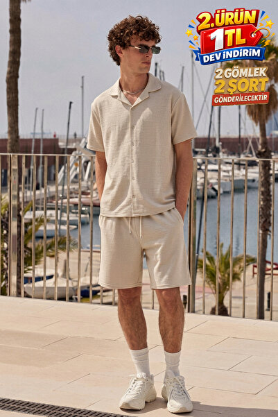 DAMGA JEANS Men's Premium Comfortable Shirt Jogger Linen Shorts Cream Two-Pie...