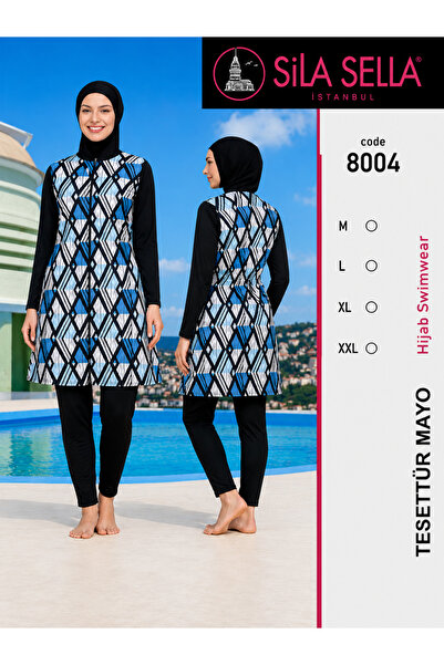 belpa Women's Geometric Patterned Full Covered Hijab Swimsuit Set Lycra Long ...