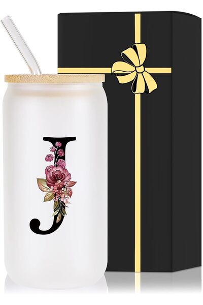 NASAQ Monogrammed Glass Drinking Cup With Lid Straw