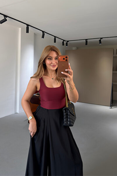 Sezgi Tekin Ön Arka Kare Yaka Bordo Bluz
