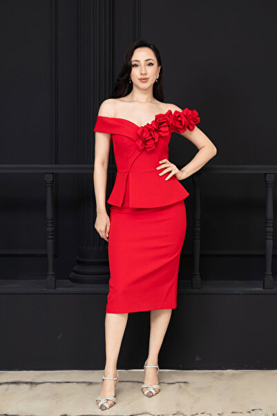 BEYBOS Floral Patterned Midi Pencil Dress - Red