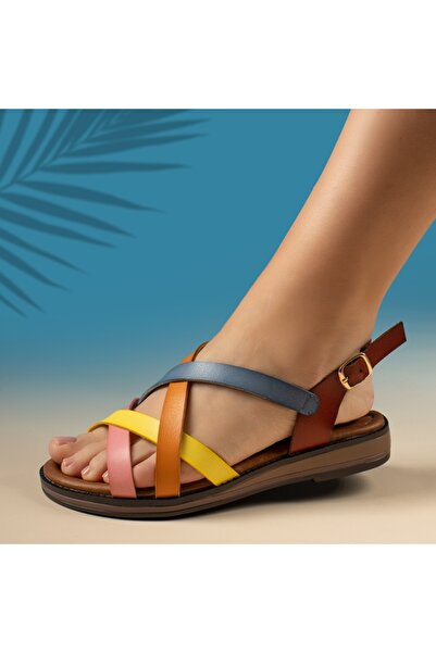 Modlet.ro Women's pink and yellow flat sandals with straps MOD04584