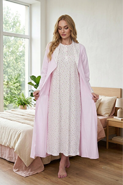 Lohusa Homewear Yeni Sezon Pembe Şal Yaka Desenli Düğmeli %100 Pamuk Uzun Kol...