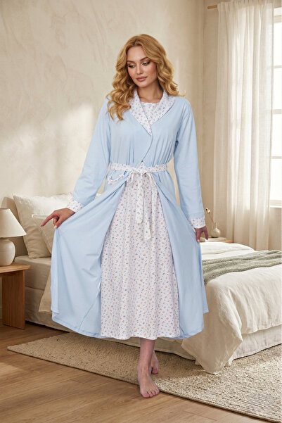 Lohusa Homewear New Season Blue Shawl Collar Patterned Buttoned 100% Cotton S...