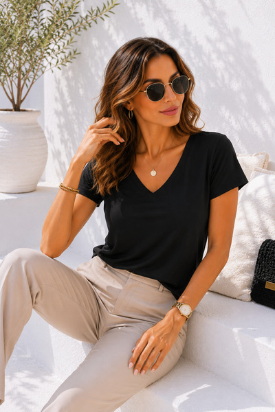 Rich Women's Viscose Short Sleeve V-Neck Relaxed Basic T-Shirt