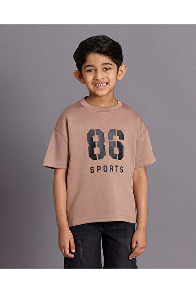REDTAG Boys Brown Printed Scuba Fabric T-shirt