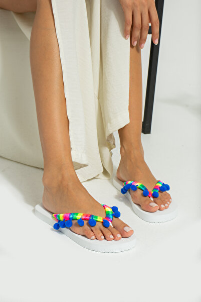 STEPDIAMOND ATENA Renkli Pon Pon İpli Beyaz Rahat Kadın Flip Flop Parmak Aras...