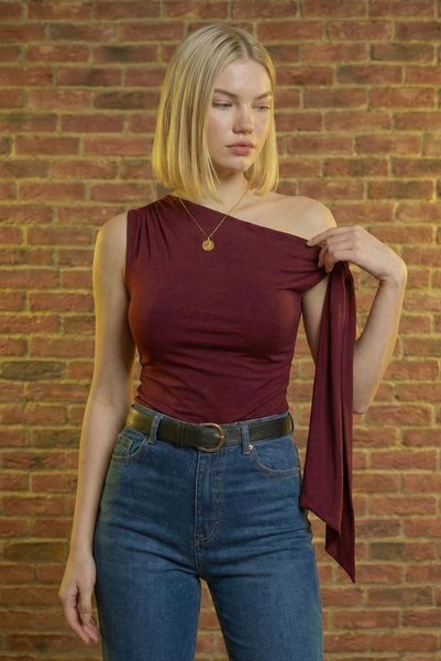 Moda Gülsa Women's Asymmetrical Collar Shoulder Tie Detailed Stretchy Blouse Body Tshirt