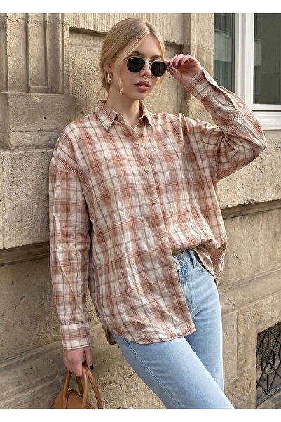 Madmext Beige Basic Square Patterned Women's Shirt Mg2828
