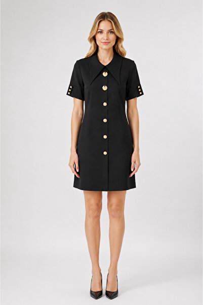 AYHAN Pointed Collar Ornament Button Detailed Mini Dress