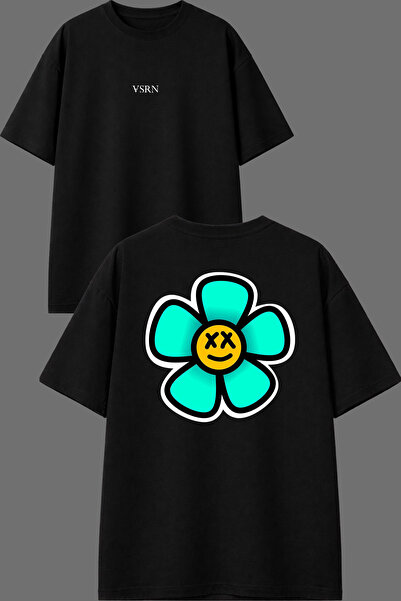 VSRN Neon Flower Design Front and Back Printed Black Oversize T-Shirt