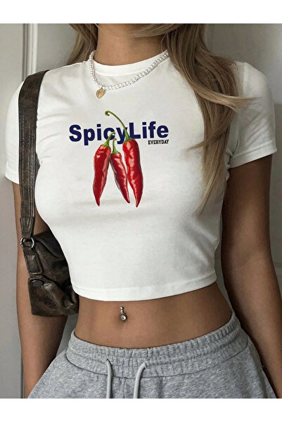 Scrovtie Дамска бяла вталена кроп тениска - с надпис  "Spicy Life Everyday ",...