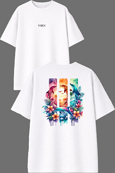 VSRN 3 Tricou supradimensionat alb cu imprimeu în față și în spate, design Yunus