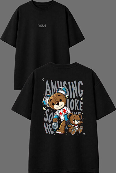 VSRN Tricou oversize negru cu imprimeu față și spate Amazıng Doctor Design