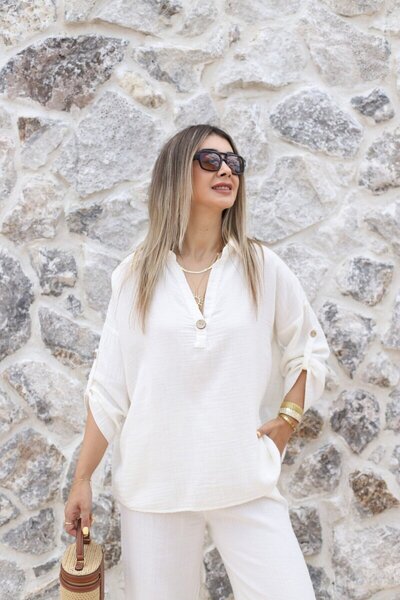 bytugcekaya White Standard Size Muslin Single Button Blouse
