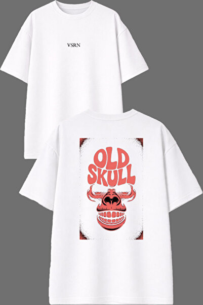 VSRN Tricou oversize alb cu imprimeu frontal și spate cu design Old Skull