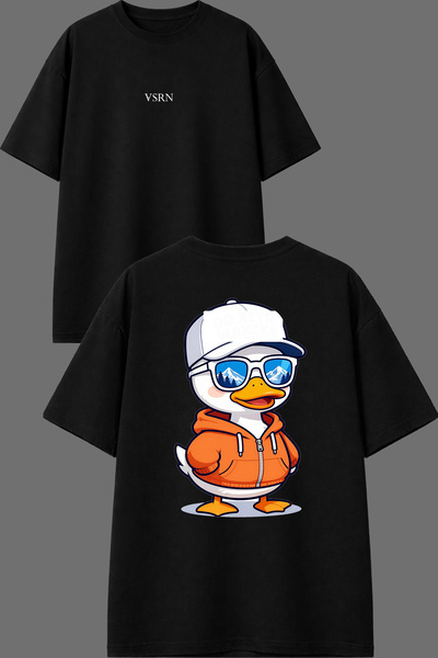 VSRN تي شيرت أسود كبير الحجم بتصميم Duck Sweet Design مطبوع من الأمام والخلف