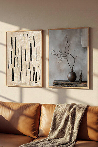 Muyika Design Ahşap Çerçeveli Tablo Seti Wabi Sabi Tasarım Minimalist Organik...
