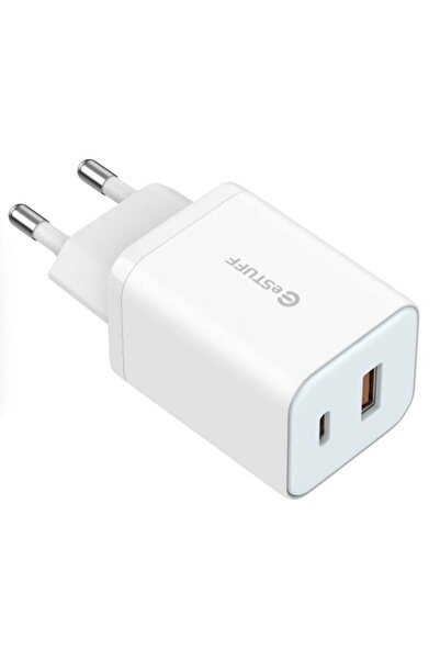 eSTUFF Încărcător de casă 65W GaN - USB-C + USB-A, Priză UE - Alb