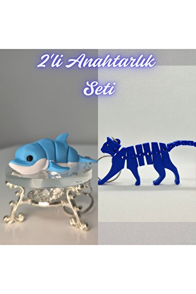 3DAtölyeMaker Light Blue Flexible Colorful Dolphin and Blue Flexible Cat Keyc...