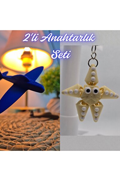 3DAtölyeMaker Blue Airplane and Light Yellow Moving Starfish Keychain
