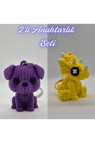 3DAtölyeMaker Purple Knitted Patterned Dog and Yellow Knitted Pattern Tricera...