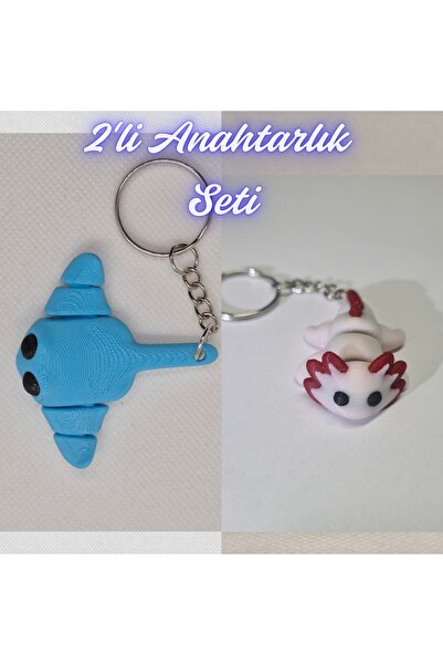 3DAtölyeMaker Light Blue Flexible Eel and Light Pink Flexible Axolotl Keychain