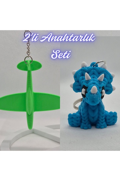 3DAtölyeMaker Green Airplane and Light Blue Knitted Pattern Triceratops Keychain