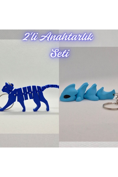 3DAtölyeMaker Blue Flexible Cat and Light Blue Flexible Dragon Keychain