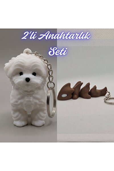 3DAtölyeMaker White Maltese Terrier and Dark Brown Flexible Dragon Keychain
