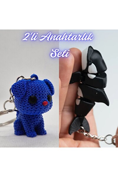 3DAtölyeMaker Blue Knitted Patterned Dog and Black Flexible Whale Keychain