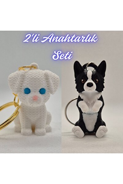 3DAtölyeMaker White Knitted Pattern Dog-2 and Black Border Flexible Dog Keychain