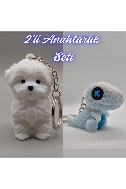3DAtölyeMaker White Maltese Terrier and White Knitted Pattern Moving Dino Key...