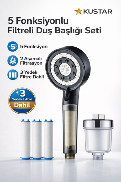 Empressco KUSTAR Filtreli Duş Başlığı Seti 3 Yedek Filtre + Harici Su Arıtma ...