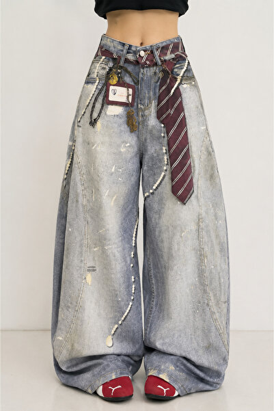 None Wear Buz Mavisi Kravat Baskılı Wide Leg Unisex Baggy Pantolon