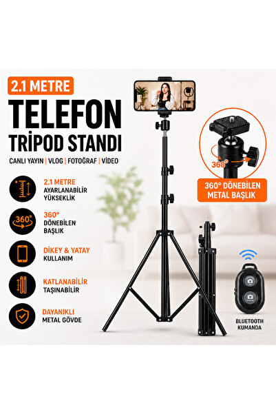 SMAYLİNG Telefon Tripodu 2.1 Metre Bluetooth Kumandalı 360 Derece Metal Başlı...