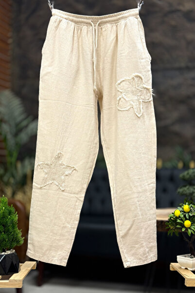 sahnemoda Çiçek Yıldız Baskı İşleme Keten Pantolon