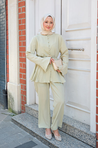 LOCCO Women's Waist-Tie Button Detail Suit Water Green
